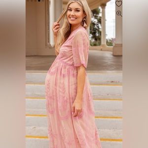 Pink Blush - Dusty Pink Bohemian Embroidered Maxi Maternity Dress.  Large